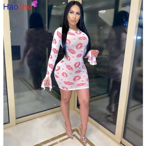 Summer Mini Dress Mesh Perspective Women Bodycon Night Club Party Sexy Bandage Street Mouth Print Dresses Vestidos