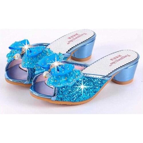Girls Summer Sandals Slipper Sequined Princesse Children High Heel Party Dress Shoes Leather Slipper For Kids Slides