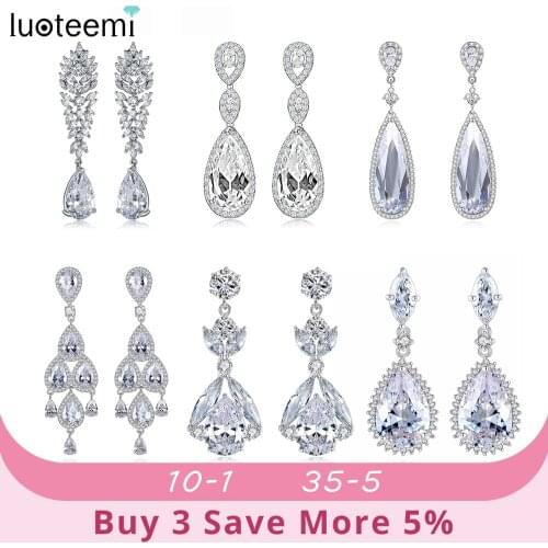 LUOTEEMI Luxury Dangles Long Earrings for Women Wedding Earrings Water Drop Zircon Party Gift White Color Wholesale