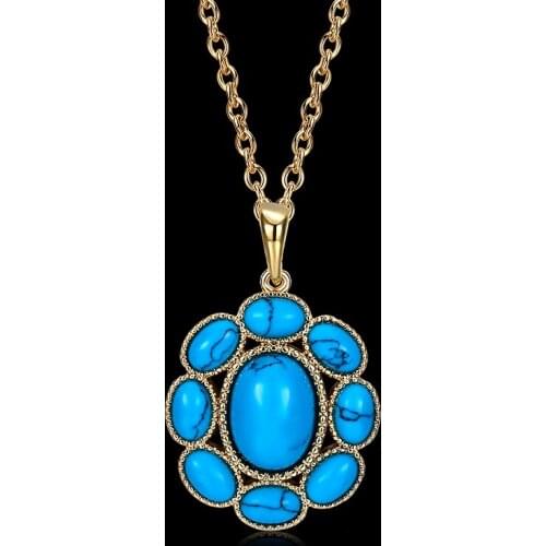 Fashion Flower Oval kallaite Spliced Pendants Necklaces For Women Vintage Gold-color Turquoises Stone Statement Necklace LKN007