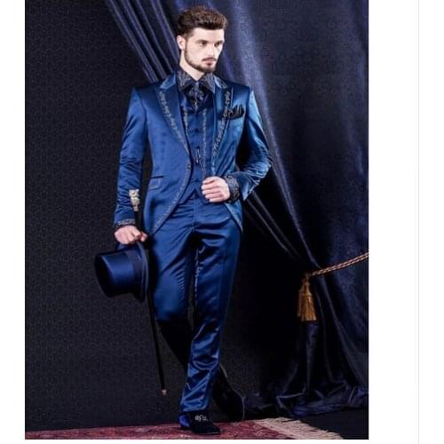 Latest Coat Pant Design Italian Royal Blue Embroidery Satin Men Suit Slim Fit Tuxedo 3 Piece Blazers Custom Groom Suit Masculino