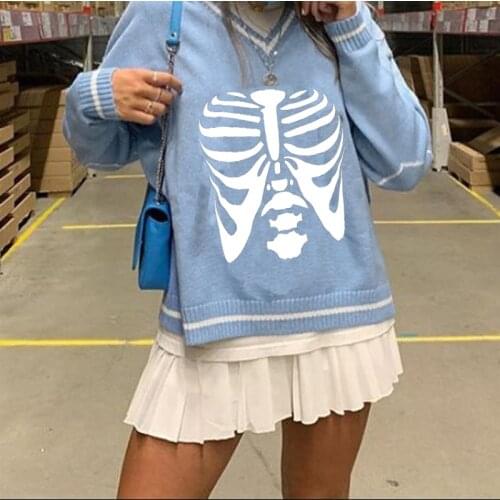 2021 New Autumn Sweaters E-Girls Women Knit Sweater Adults Color Block Skeleton Printed Long Sleeve V-neck Pullovers Hot Sale