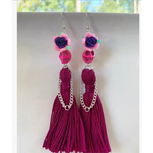 New Arrival Rose Skulls with Long Tassels Dangle Earrings,gothic Skull ,drop Earrings,Women New Fashion,day of The Dead Jewelry