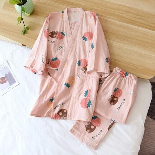 Pajamas Set Women Summer Pure Cotton Gauze Strawberry Half Sleeve Trousers Kimono Ladies Sleepwear Robe Sets Thin Comfy Homewear