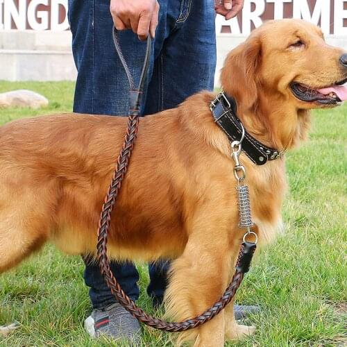 Strong Large Dog Cow Leather Hand-knit Leash + Collar Elastic Round Collar 1.2M leash For Dogs Comfortable Handle Pet Service XL