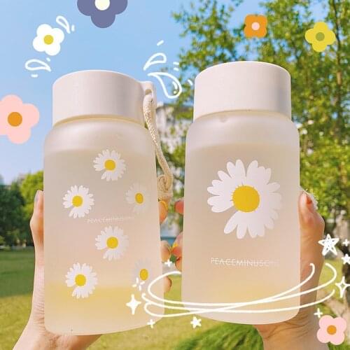 500ml Small Daisy Transparent Plastic Water Bottles BPA Free Creative Frosted Water Bottle With Portable Rope Travel Tea Cup