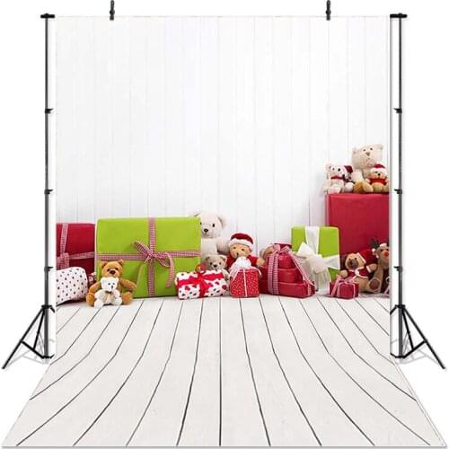 Christmas Photography Background Gift Plush toy bear Backdrop Kids Party Wooden Floor Decoration Props Banner For Photo Studio