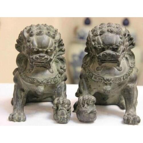 Collect 1 Pair (2 item) Chinese Home FengShui Old Bronze Lion Foo Fu Dog Statue/Big Sculpture High:20CM /item