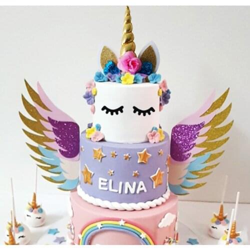 Unicorn Wings Wedding Decor Cake Topper Mariage Valentines Day Decoration Flower Horns Topper Party Supplies Baking Accessoires