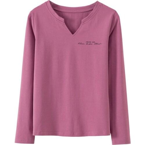 Harajuku Spring 2021 Letter Cotton T-shirt Women Casual V-neck Slim Stretchy Long Sleeve Tops Tee Autumn Tee Shirt Femme