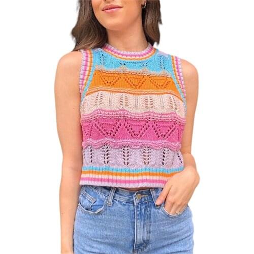 Womens Crochet Knit Tank Tops Casual Sleeveless Rib Knit Crop Tank Top Y2K Crew Neck Summer Cami Vest Tops