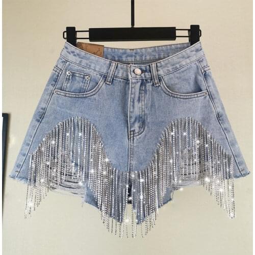 Ripped Jean Shiorts Women Summer New Studded Rhinestone Tassel Hole High Waist Wide-Leg Shorts Hot Pants