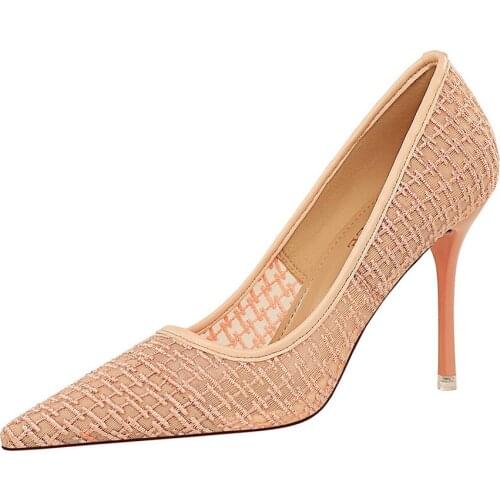 Pumps Women 9.5cm Fashion Heels Pink Black White Sexy Lace Womens Shoes Point Toe Stiletto Ladies Party Office Feetwear