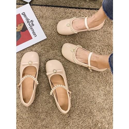 Womens Shoes Flat Shoes 2021 New Spring and Autumn Fashion Fairy Style Pearl Rhinestone Soft Bottom Non-slip Mary Jane Shoes