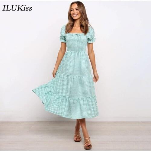 2021 New Arrival Summer Dress Women Short Sleeve Green Fashion Casual Slim Plaid Print Bow Cotton Midi Dresses Elegant Vestidos