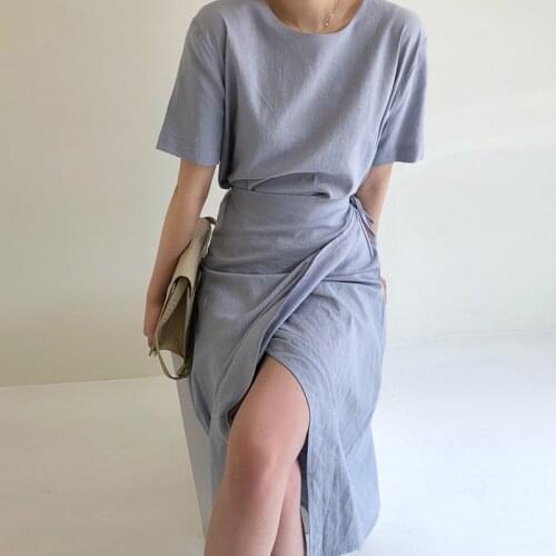 Blue Korean Summer Long Midi Dress Elegant Split Bow Lace Up Short Sleeve Party Dress High Waist Casual Vintage One Piece B028