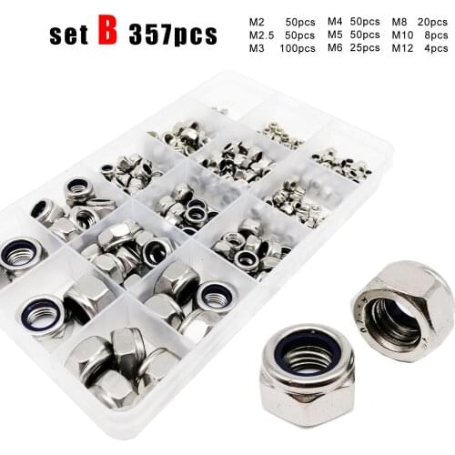 162/357pcs M2 M2.5 M3 M4 M5 M6 M8 M10 M12 304 Stainless Steel Hexagon Nylon Insert Lock Nut Set Hex Self Locking Assortment Kit