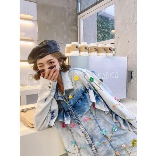 2021New Spring Summer Fashion Women Denim Shirt Jacket Ruffle Sleeve Beaded Flower Womens Cute Young girl jean coat Fit