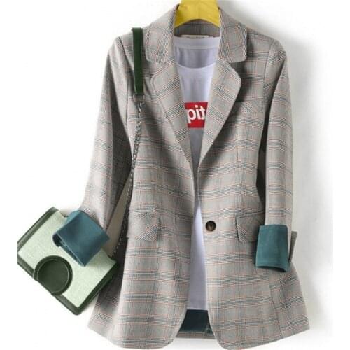 2021 Korean Casual Suit Jacket Womens Spring Autumn Blazers British Style Single-breasted Plaid Suits Coats Female Outwear b116