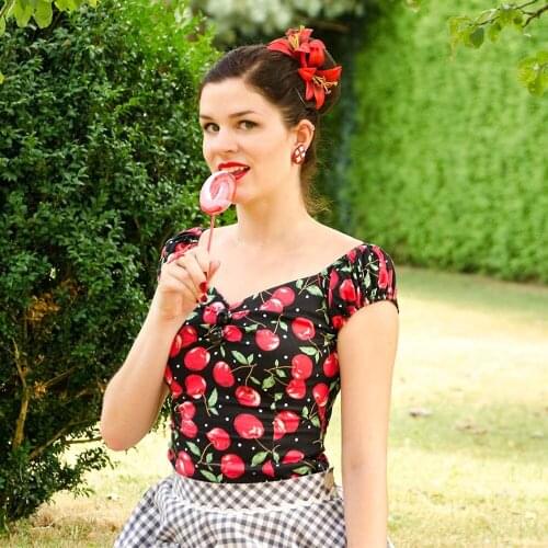 40- women vintage 50s dolores cherry top sweetheart neckline off shoulder fit camisa campesina crop tops pinup plus size t shirt