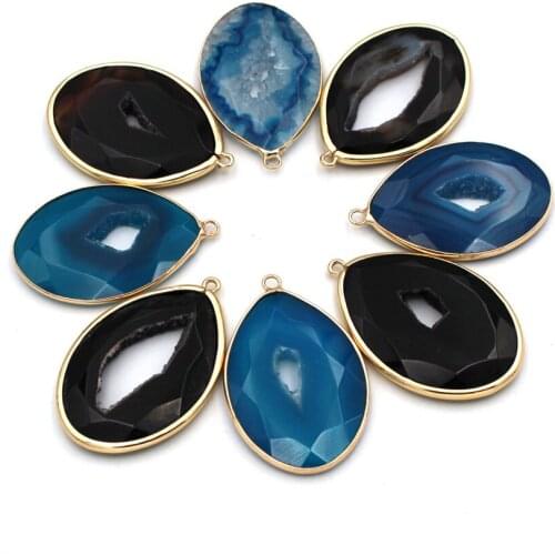 6pcs Natural Stone Pendant Polished Black Blue Agates Geode Quartz Crystal Cluster Druzy Charms for DIY Jewelry Making