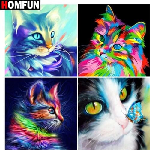 HOMFUN DIY Diamond Painting "Animal cat color" Full Drill Square Round Diamond Embroidery 5D Cross Stitch Decoration Home