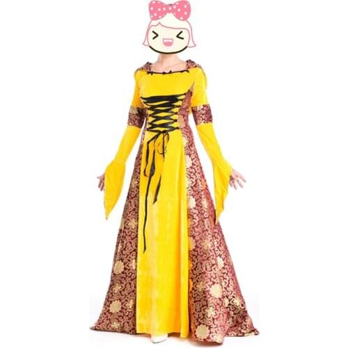 Free Shipping Gown Dress Women Renaissance Medieval Hoop Gothic Gold Floor Length Costume Halloween Cosplay Dress