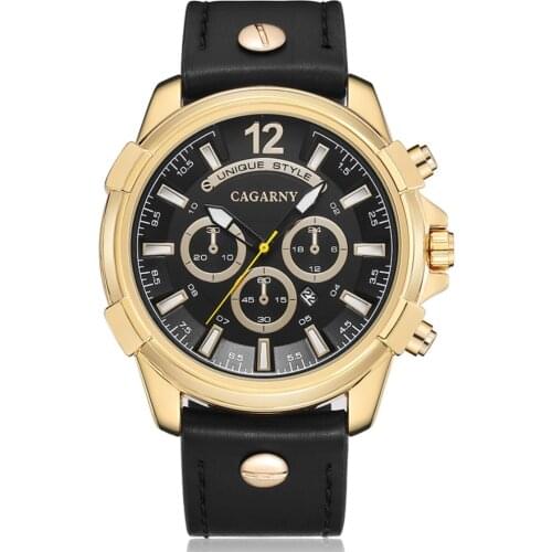 Cagarny Brand New WristWatch Men Luxury Famous Mens Quartz Watches Man Golden Case Leather Strap Casual Male Clock Waterproof