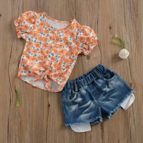 Girls Clothing Set , Flower Print Short Sleeve Round Neck Shirt and Denim Shorts Two-piece Suit for Birthday Party Summer 2021