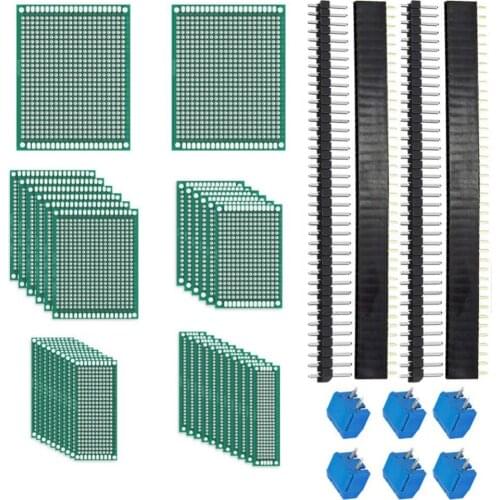 62Pcs PCB Board Kit Includes 32Pcs Double Sided Prototype Boards, 20Pcs Header Connector and 10Pcs Screw Terminal Blocks DIY0075