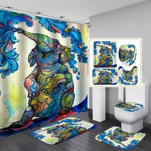 Colorful Elephant Pattern Shower Curtain Set Bath Mats Non-Slip Rugs Toilet Lid Cover Animal Art Waterproof Bathroom Curtain