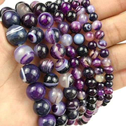 MKTREG Violet Stripe banded Natural Purple carnelian Stone Onyx Round Loose beads 4/6/8/10/12MM Jewelry bracelet DIY making 15
