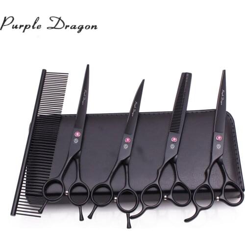 Left Hand Purple Dragon 7" Japanese Steel Professional Pet Scissors Set Animal Thinning Shears 3006# Dog Hair Scissors Set Black