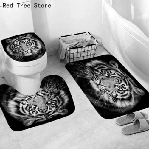Thick Flannel Tiger Bathroom Bath Mat Set Toilet Rugs U Shape Floor Carpet Bathroom Toilet Foot Pad Anti Skid Washable Lid Cover