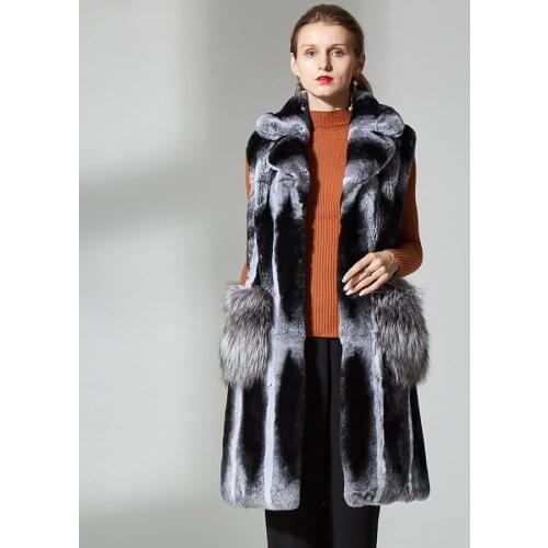 Waistcoat Natural Silver Fox Fur With Rex Rabbit Vest Medium Long Coat Women Turn Down Collar Winter High Quality Chinchilla Col