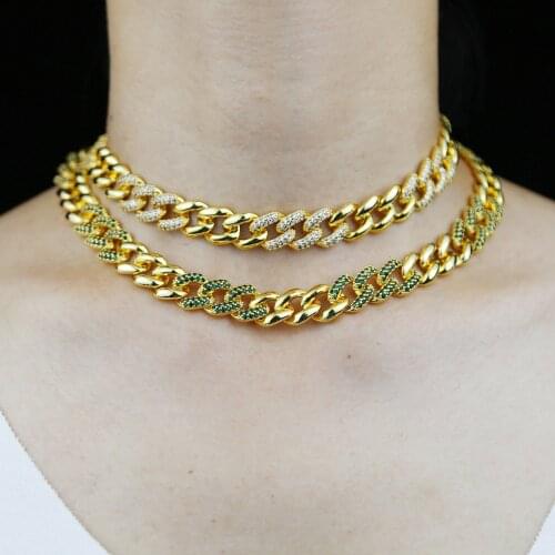 Iced Out Bling Cubic Zircon Hip Hop 12mm Cuban Link Chain Choker Necklace Gold Color Punk Fashion Green Clear CZ Paved Jewelry