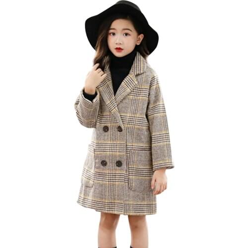 Girls Coat Outerwear Double Breasted Girl Winter Coat Plaid Pattern Childrens Coat Casual Style Childrens Clothes For Girls