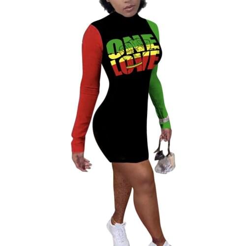 Sexy Pacthwork Long Sleeve Dress Women Bodycon Mini Dresses Letter Printed "ONE LOVE" Spring Summer Sundress High Street Wear