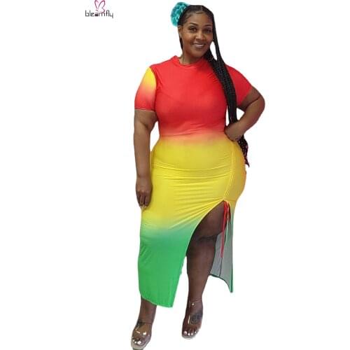 Sexy Pleated Ruched Drawstring Bodycon Dress Plus Size Women Elegant Party Gradient Printed Split Split Long Dresses 4XL 5XL