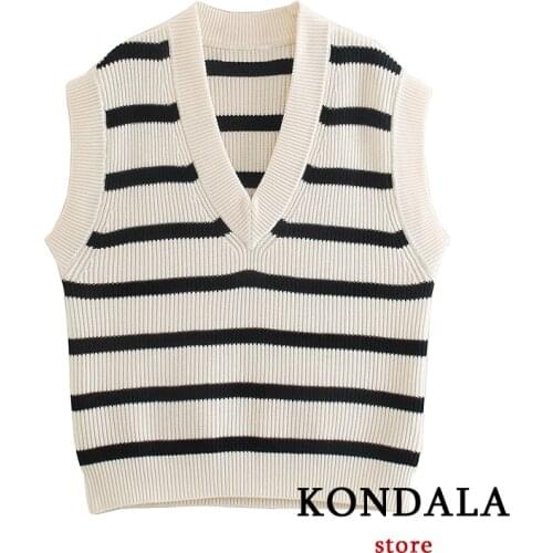 KONDALA Women Striped Sweaters Za Fashion 2021 Vintage Loose V Neck Sweaters Female Sleeveless Pullovers Chic Mujer Tops
