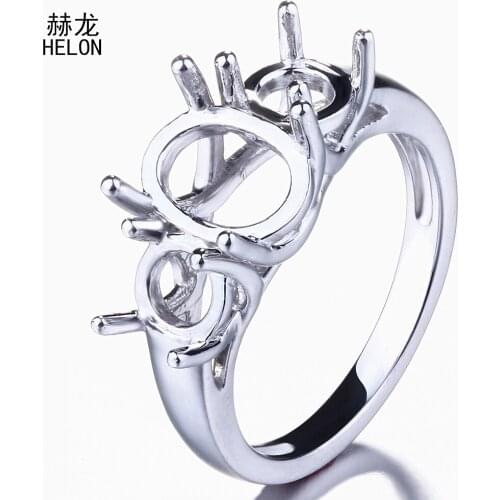 Three Stone style Real 925 Sterling Silver Prong Set 6mmx8.5mm Oval & 5.2mm Round Solitaire Semi Mount Engagement Ring wholesale