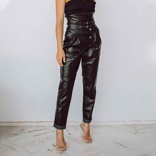 TVVOVVIN Pants Capris High Waist Artificial Leather Pants Long Black Pants Belt Women Trousers Fashion Leather Trousers SP7D