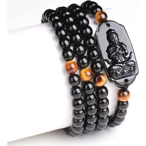 FYJS Unique Black Obsidian Stone Engraved Bodhisattva Connect Round Beads Bracelet Religious Amulet Jewelry