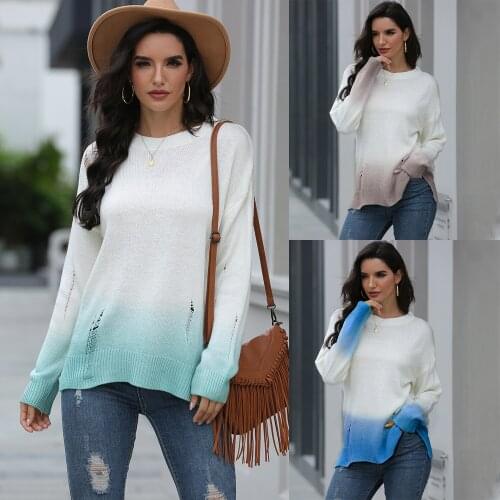 Sweater Women Pullover 2021 New long-sleeved Top Ripped Gradient Sweater Women fall/Warm Sweaters Dropshipping SJ3224