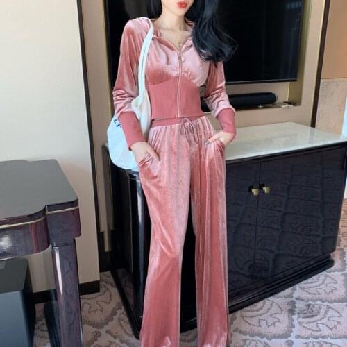 Female autumn velvet 2 piece sets womens outfits slim crop top casual tops hooded hoodies fashion loose long pants lady suits