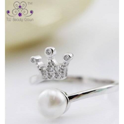 Real 925 Sterling Silver Elegant Pave Setting Natural Freshwater Pearls Crown Rings For Women Girl Fashion Evening Party Jewelry