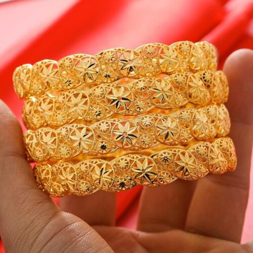 4pcs/Lot Gold Bracelet Women Girls Dubai Gold Color Bangles Jewelry Arab Middle Eastern African Fashion Metal Bangle
