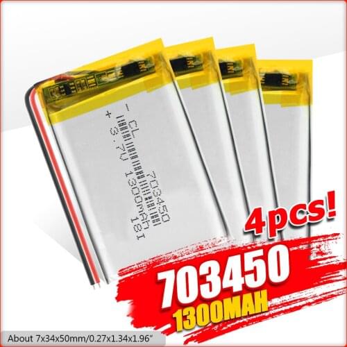 1/2/4 Pieces 703450 1300mAh Lithium Li-ion Battery 3.7V 703450 Lipo Lipolymer Batteries GPS Radio Camera Phone Replacement Cell