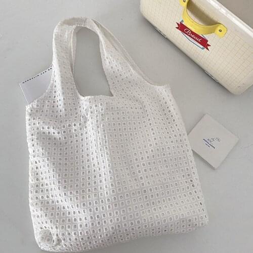 Hollow Out Plaid Women Shoulder Bag Soft Cloth Fabric Handbag Large Capacity Cotton Tote Mesh Canvas Bags For Pretty Young Girls