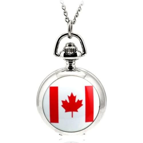Modern Fashion Ceative Silver Quartz Pocket Fob Watch Necklace Pendant Relogio De Bolso Women Pendant Necklace Watch Canada Flag